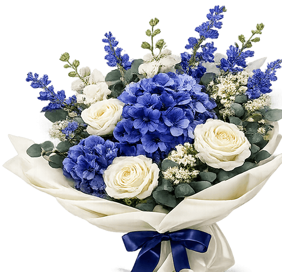 Blue and white fresh flower bouquet